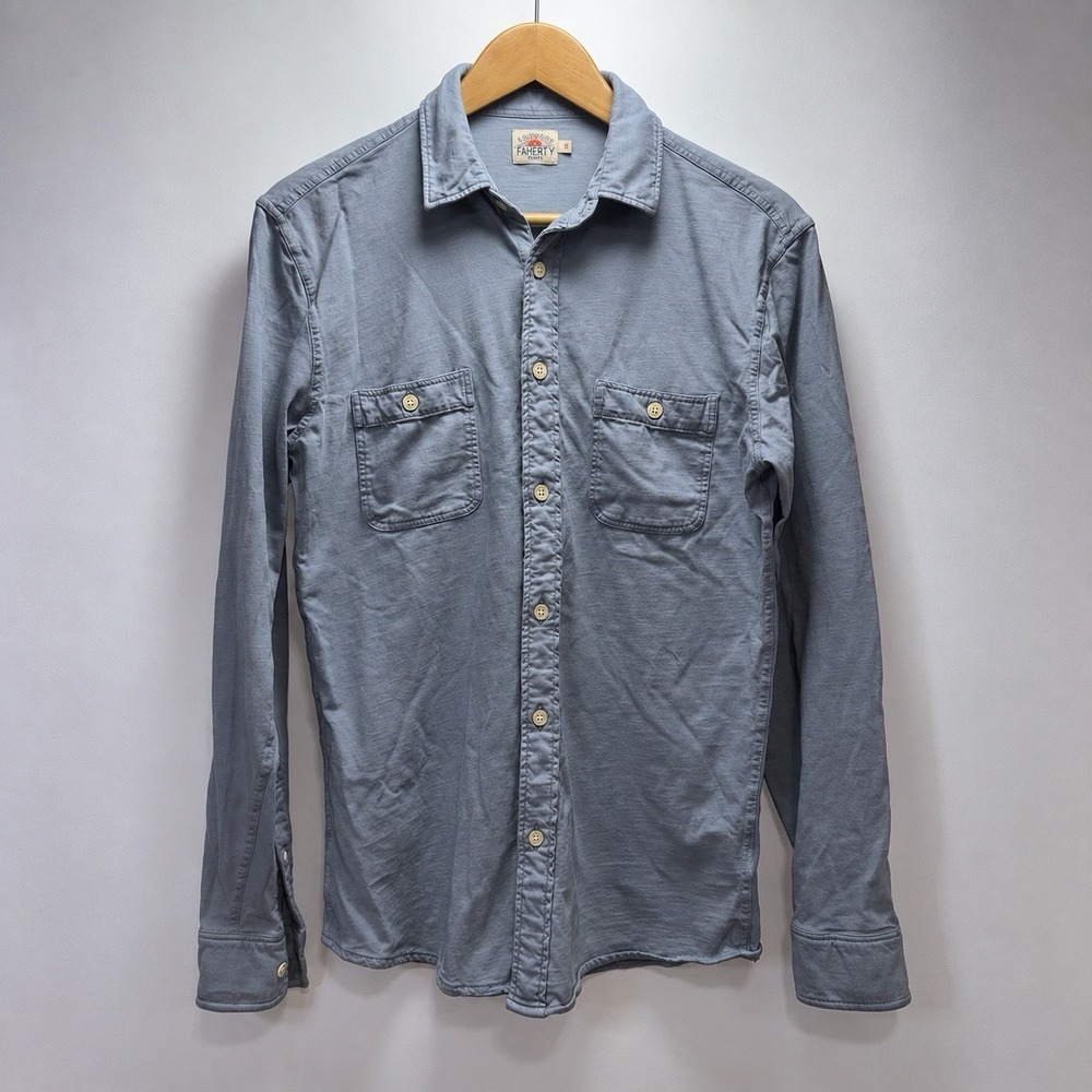 Faherty Brand Men's Knit Seasons Shirt Medium Blue Gray Organic Cotton Button Up